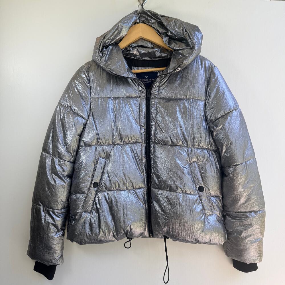 AE Metallic Silver Puffer Jacket Small American Eagle Hooded Shiny Padded Coat